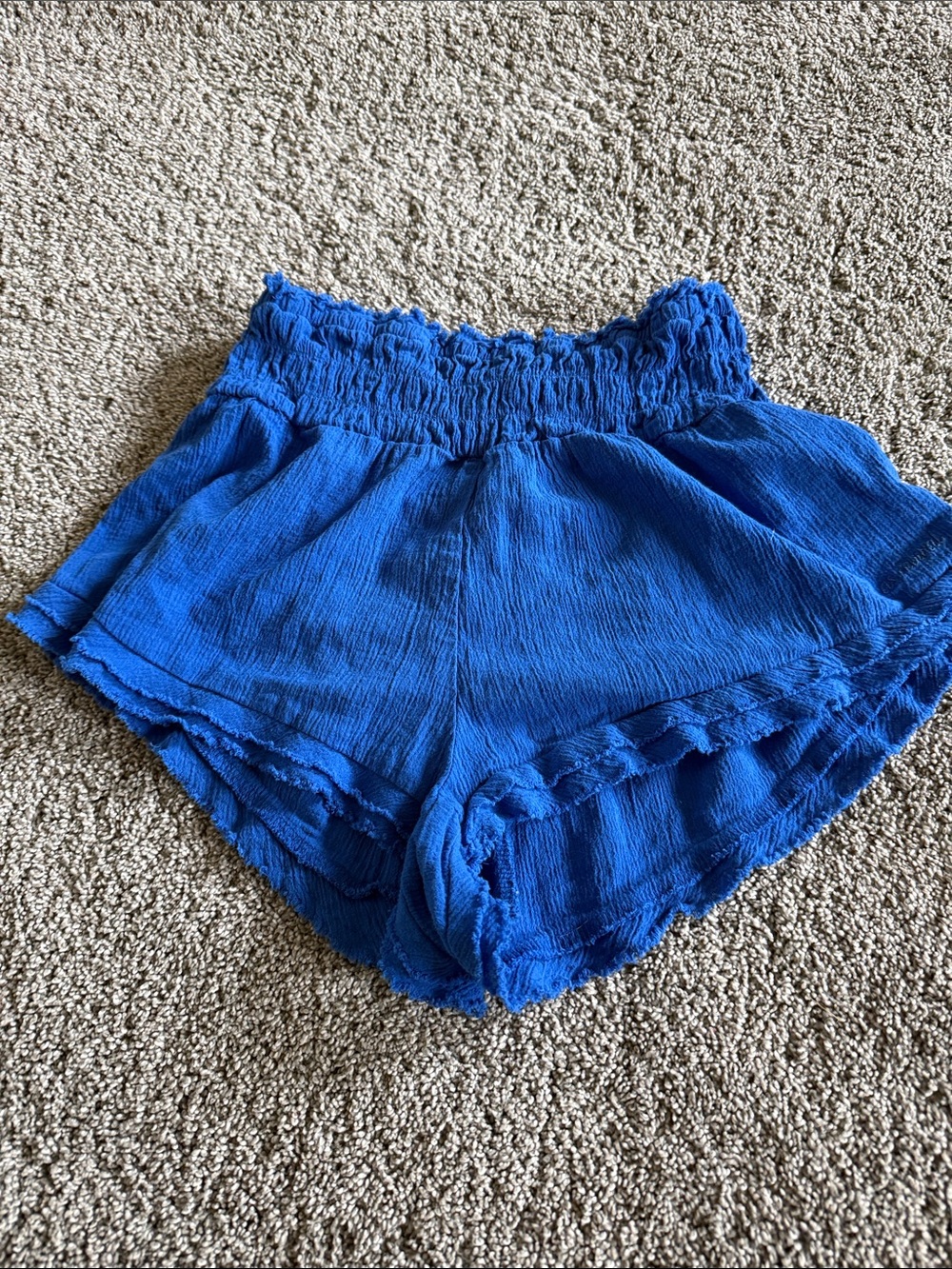 High-Waist Ruffle Hem Blue Smocked Shorts